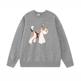 F426国潮牌秋季新款美式复古毛感小狗团提花圆领套头毛衣 灰色 M