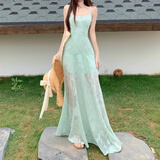 瑜尚臻品吊带连衣裙女夏季海边度假风无袖甜美网纱拼接提花收腰a字裙长裙 【绿色】S