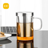 尚明耐热玻璃泡茶杯茶水分离不锈钢过滤办公茶杯带盖带把透明水杯家用 透明500ml