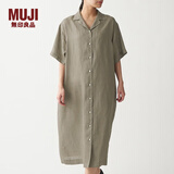 无印良品 MUJI 女式 法国亚麻水洗 五分袖开襟连衣裙 BCL08C0S 深咖啡色 M-L