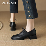 浅町牛皮英伦风小皮鞋女春秋新款百搭系带牛津鞋女中跟粗跟鞋女士皮鞋