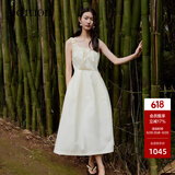 edition背带连衣裙女夏新款小众设计褶皱长裙气质高级感 米杏色 S/160