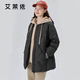 艾莱依羽绒服女假两件短款连帽宽松时尚保暖棒球服外套 炭黑160