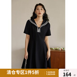 独束大码女装通勤复古海军领学院风连衣裙女夏季微胖mm正肩显瘦小黑裙 优雅黑 L （尺码：2）