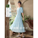 茵曼（INMAN）法式连衣裙女夏季显瘦遮肚灯笼袖抽绳收腰公主长裙子 绀蓝色 S 