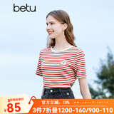 百图betu女装夏季新款T恤时尚简约百搭条纹减龄短袖T恤女2303T17 红白条 L