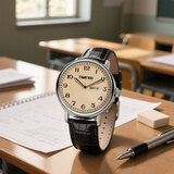 时光一百（TIME100）手表男复古星期日历月相考试手表日本进口机芯瑞士品质国表前十名 星期日历学生考试专用钢壳棕色