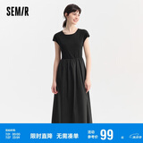 森马连衣裙女圆领修身长裙气质时尚夏百搭拼接大摆裙107424114009