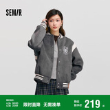 森马（Semir）外套女刺绣拼接撞色宽松夹克2024冬季仿毛呢棒球服109724108004