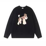 F426国潮牌春季新款美式复古毛感小狗团提花圆领套头毛衣 黑色 S