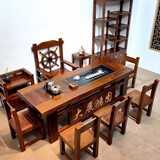 老船木办公茶桌全实木轻奢茶几中式泡茶台功夫茶具喝茶桌一体套装 2.2米桌+5靠背椅1船舵椅