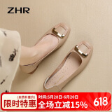 ZHR浅口单鞋女春秋粗跟通勤女鞋优雅方扣真牛皮船鞋女 AH378 杏色 37