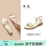 大东一字带凉鞋女鞋2025夏季新款优雅时尚褶皱一字扣坡跟0020 米色 【3.7CM坡跟】 35
