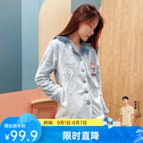 芬腾 珊瑚绒睡衣女冬季加厚法兰绒开衫加绒休闲秋冬款家居服套装 浅兰（卡通） S
