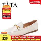 他她（TATA）方头乐福鞋女休闲平底一脚蹬小皮鞋女单鞋春秋款FLC22AM4 米色 35