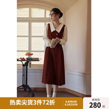 独束大码女装假两件撞色衬衫领连衣裙女秋冬微胖mm文艺复古穿搭裙子 勃艮第红【适合165左右】 3XL