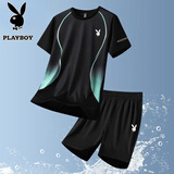 花花公子（PLAYBOY）短袖T恤男套装男休闲两件套半截袖短裤子夏季休闲运动男透气宽松 黑绿色 XL （130斤-150斤）