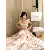 简霏樱织花翎甜美小飞袖碎花连衣裙 女夏季温柔风公主裙收腰蓬蓬长裙 粉色绣花长裙款【版】 S