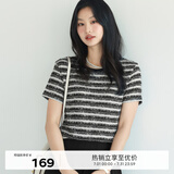 伊芙丽（eifini）【经典延续】伊芙丽通勤简约百搭肌理感条纹小香风针织短袖T恤女 黑色 M