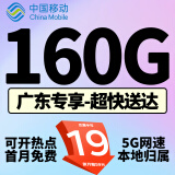 中国移动移动流量卡手机卡电话卡低月租不限速5g纯上网卡全国通用高速纯流量卡大王卡 广东专属19元160G流量+本地归属+外省勿拍