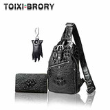 塔西伯利 TOIXI BRORY进口新款高档真鳄鱼皮胸包骨皮斜挎包休闲胸前纯皮背包真皮单肩包 黑色胸包+黑手包+黑爪 鳄鱼皮 当天发空运联系客服备注【免费】