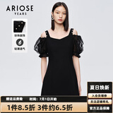 艾诺丝雅诗【商场同款】夏新珍珠网纱泡泡袖短袖小清新小黑裙连衣裙10429006 黑色 L