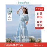 茵曼优雅亚麻提花女装纯色连衣裙夏季松紧收腰中长裙子 浅蓝色 S