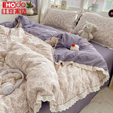 红豆云感木棉邹邹纱双层纱全棉花边公主风床上四件套可机洗不易变形 邹邹双层纱-紫苏 四件套1.8 床笠款 (被套200*230cm)