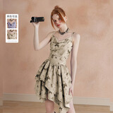 UNIFREE【明星同款】紫色吊带连衣裙蝴蝶印花收腰不规则辣妹裙子 卡其 S