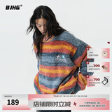 BJHG不计后果渐变条纹秋冬慵懒风毛衣男潮牌泰迪绒美式宽松针织衫外套 蓝彩条 L