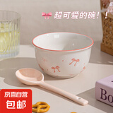 【⭐爆款】蝴蝶结少女心陶瓷碗勺釉下彩高颜值餐具饭碗甜品碗 1碗1勺（白色蝴蝶结）