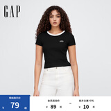 Gap女装2025春季新款刺绣logo撞色圆领修身短袖T恤上衣美版727444 黑色 S 美码  L亚洲码165/88A
