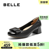 百丽舒适优雅单鞋女2025新款春真皮蝴蝶结方跟鞋D3S1DAQ5 黑色 38