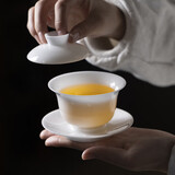 西多米盖碗白瓷三才羊脂玉茶杯冰种玉瓷悬停功夫茶具泡茶碗新年元旦礼物