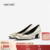 NINE WEST/玖熙牛漆皮革女单鞋优雅方头浅口粗跟通勤鞋NH208005FT米白 35