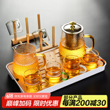 瓷牌茗茶具（cipaiming teaset） 透明玻璃茶具整套套装家用功夫茶壶茶杯会客泡茶器 金盖雅致六彩杯8件+杯架+小长方