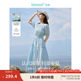 茵曼（INMAN）亚麻提花连衣裙2025夏季女装新品休闲松紧收腰气质高级感长裙子 浅蓝色 XL