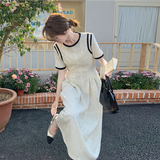 衣品元纯色连衣裙女撞色圆领2025年秋装新款法式设计感修身显瘦气质百搭 杏色 L （100-120斤）