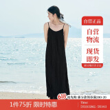 茵曼女装吊带碎花印花连衣裙春夏季海边度假风长裙子 黑色 M