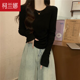 柯兰娜纯棉春秋冬修身收腰t恤女长袖显瘦短款小个子圆领内搭打底衫上衣 黑色长袖 S 【建议90斤以下】