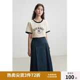 独束大码女装复古撞色圆领趣味印花T恤女夏新品微胖mm百搭休闲上衣 米杏撞藏青 4XL (尺码：6)