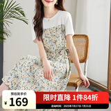 熙世界sllsky假两件碎花连衣裙女2025夏季新款短袖圆领不规则荷叶边裙子 橄榄石绿 M