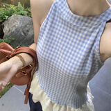 妙奕嘉红色吊带背心女带胸垫可外穿洋气挂脖上衣美背文胸一体外穿内搭 不规则荷边拼接格子吊带 【蓝】 均码 【带胸垫】建议115斤内
