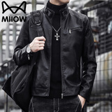 猫人夹克皮衣男春秋季外套机车服修身潮流休闲立领上衣 黑色 2XL