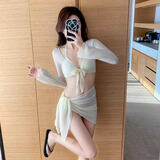 乐淇莱新款比基尼泳衣女感白色性感分体显瘦沙滩度假纯欲泳衣泡温泉泳装 米白色四件套 均码 80-120斤