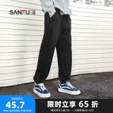 三福2025春季新款休闲裤男抽绳运动风束脚裤针织卫裤宽松长裤裤子 黑色 175/82A/L