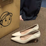 贞喜气法式尖头细跟单鞋女黑色软皮高跟鞋舒适气质百搭职业工作鞋礼仪 米杏色 6cm 黑底 36 后跟可踩