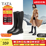 他她（TATA）黑色V口长筒靴女英伦加绒抗寒高筒靴骑士靴冬季G5JA1DG2 黑色（单里） 37