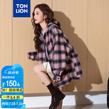 唐狮（TonLion）2025女连帽格纹撞色长袖衬衫复古气质慵懒风韩版通勤甜酷 灰粉 L 