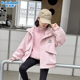 开米熊女童春秋装冲锋衣外套2025新款秋冬中大儿童户外三合一加绒上衣服 粉色 140 码建议身高130cm左右